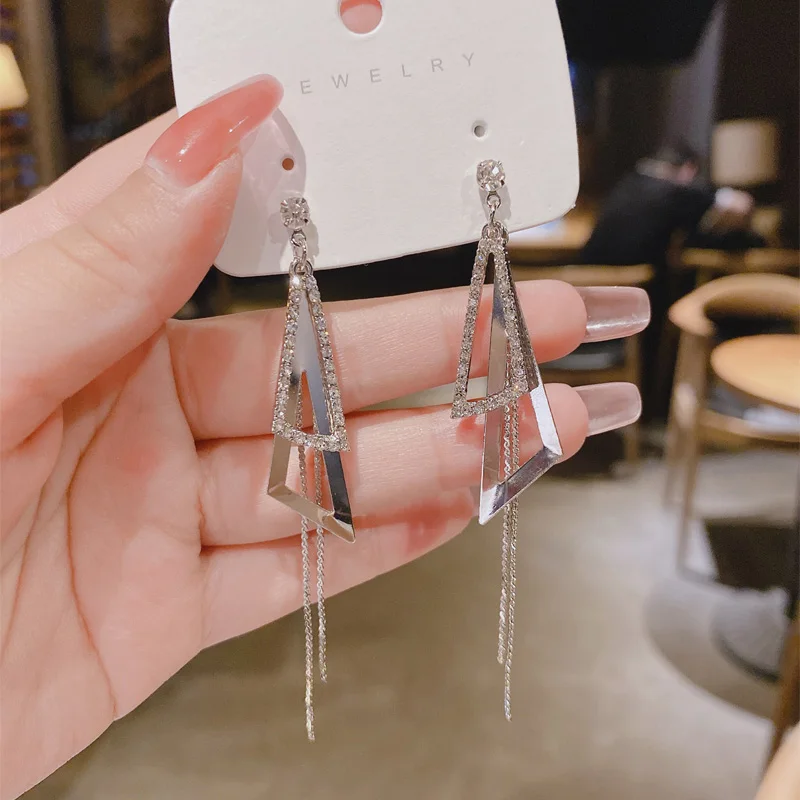 

Light Luxury Silver Color Geometry Triangular Pinch Zircon Long Tassels Drop Earrings For Women Korean Fashion Party Jewelry