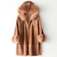 winter 100 wool fox fur collar womens red fashionable new hoodie coats sheep shearing coat autumn black wool fur outwear