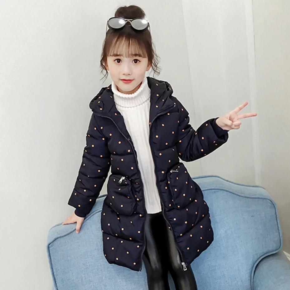 Пуховое пальто для девочек приталенное в горошек детская модная пуховая куртка с