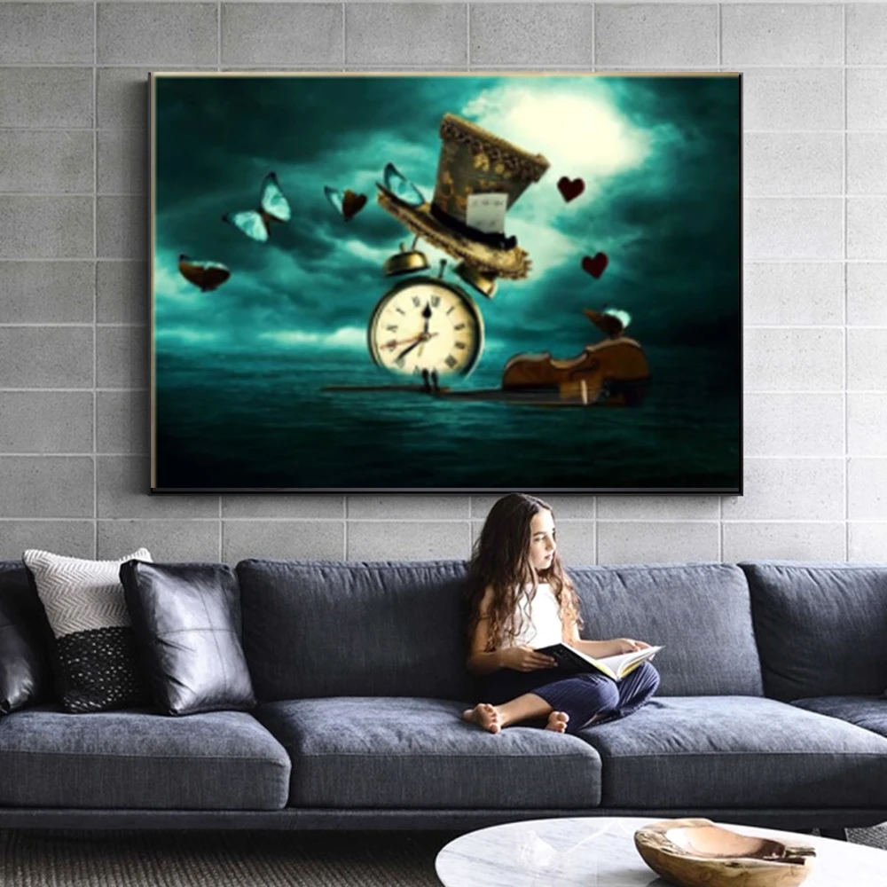 

Clock Violin Butterfly Hat Canvas Painting Surrealism Posters Prints Modern Wall Art Pictures For Kids Room Wall Decor Cuadro
