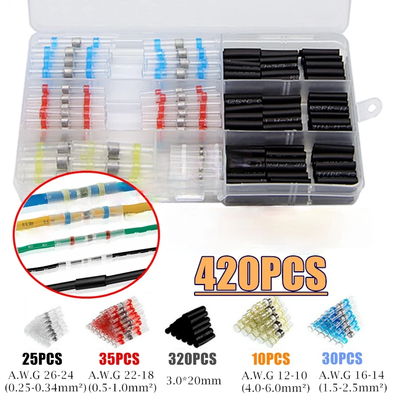 

Водонепроницаемые термоусадочные паяльные втулки, изолированные паяльные уплотнения, набор соединителей для стыковой проволоки, 420 шт.