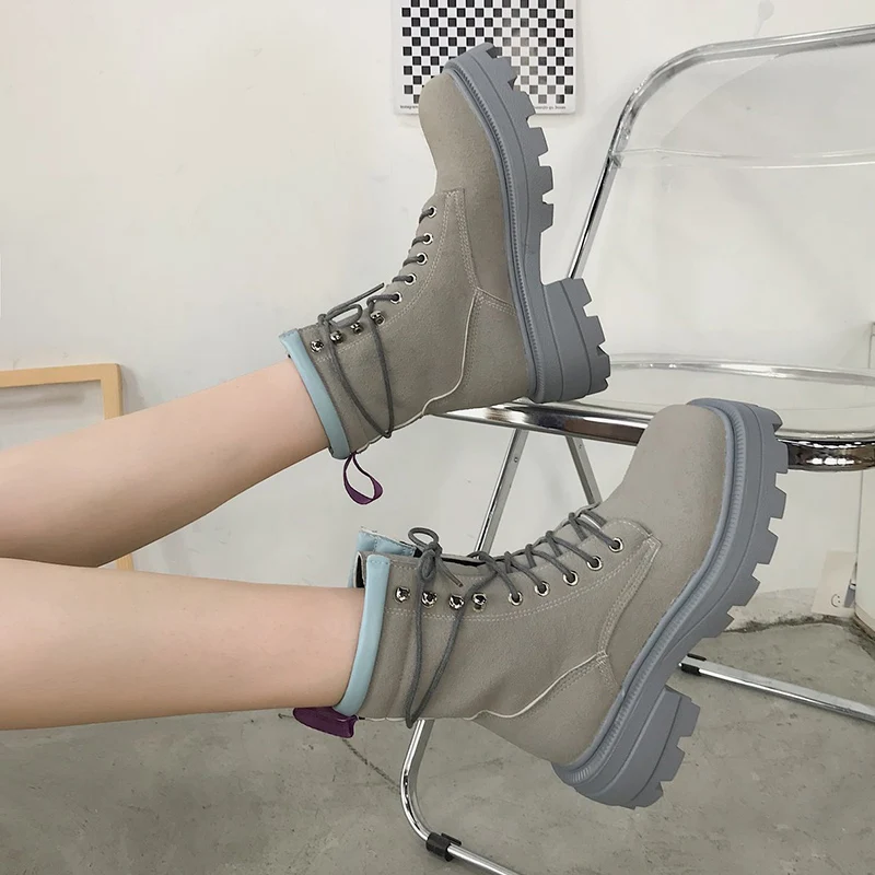 Lucyever Women Vintage Square Toe Platform Ankle Boots Thick Sole Autumn Winter Shoes Woman Gray PU Leather Military Botas Mujer | Обувь