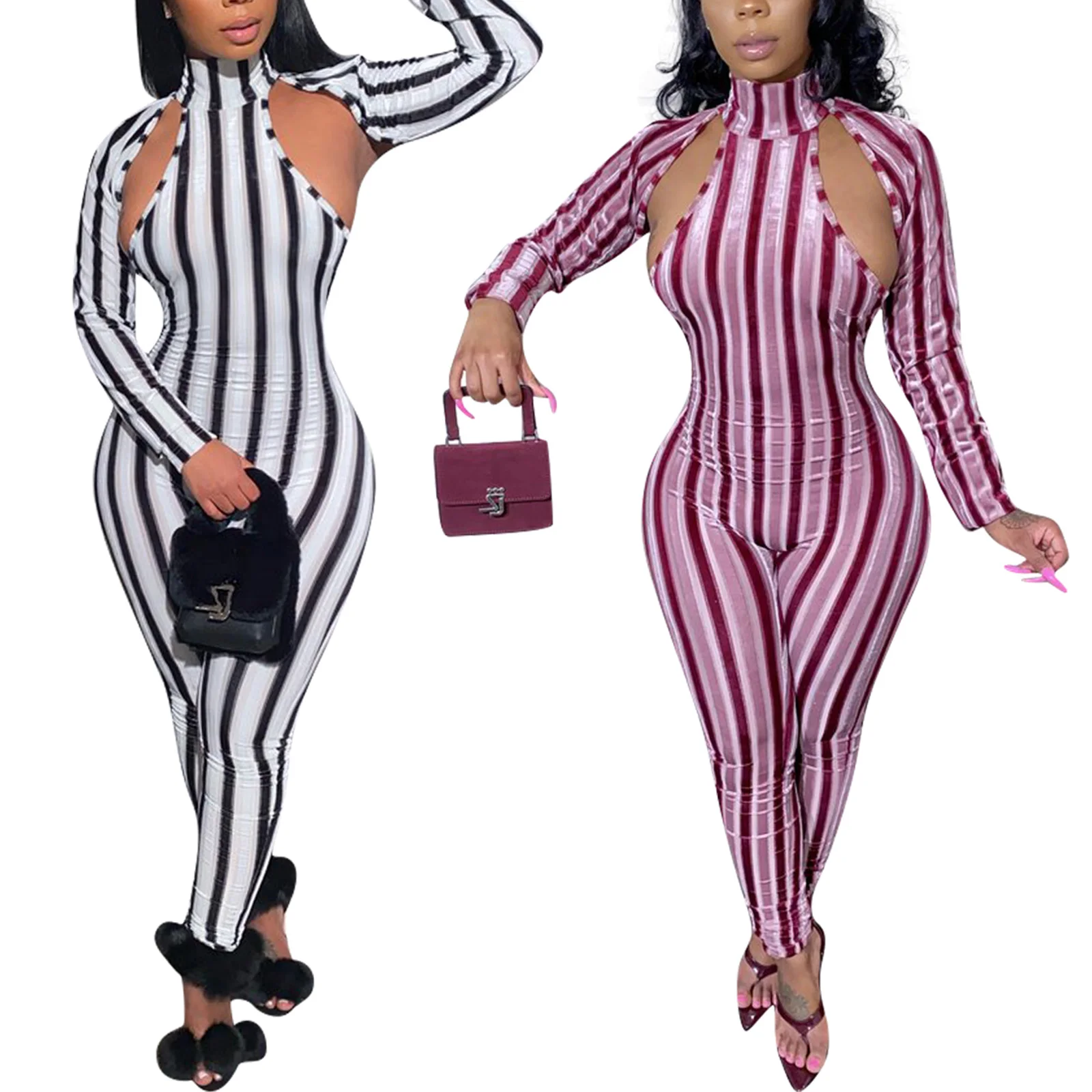 

Женский комбинезон, сексуальный комбинезон, комбинезон в полоску с длинным рукавом, цельный костюм для праздника, свидания вечерние вечери...