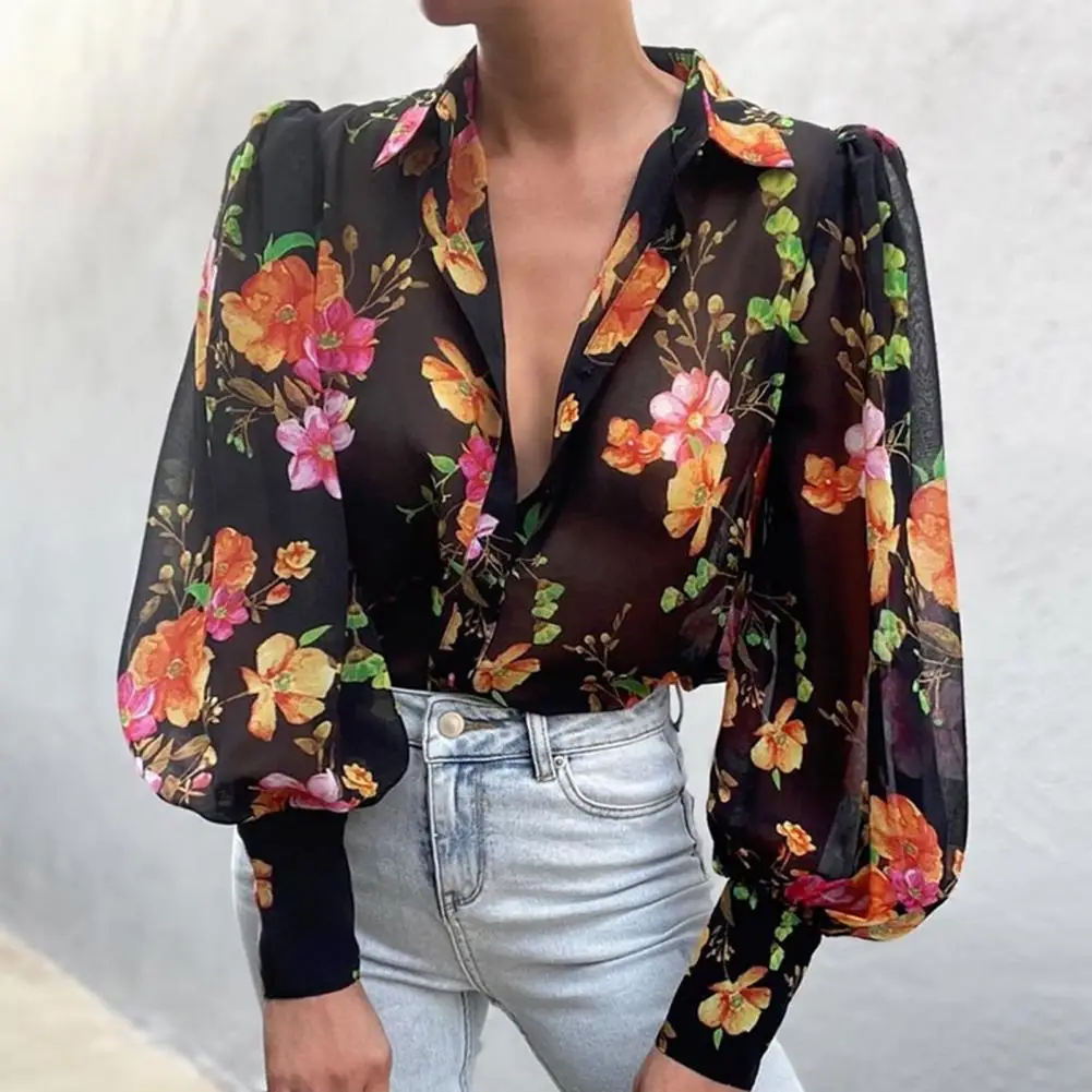 

Женская винтажная рубашка с отложным воротником, Просвечивающая рубашка с рукавами-фонариками и цветочным леопардовым принтом на плечах, ж...