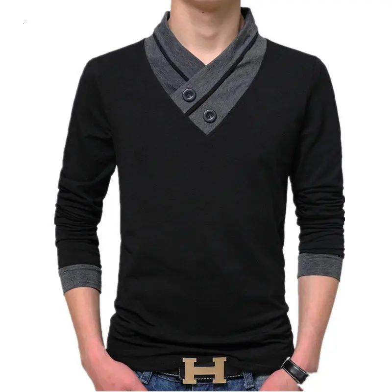 Футболки Heren Mode 2019 Nieuwe Lente Lange Mouw футболки Mannen Zwarte Knop Stand Kraag облегающие для фитнеса