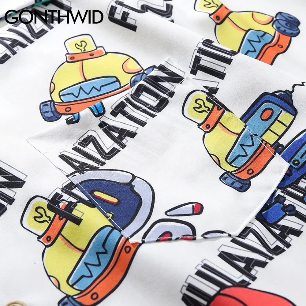 

GONTHWID Casual Hawaiian Button Shirts Men Summer Streetwear Harajuku Cartoon Robot Short Sleeve Shirts Hip Hop Blouse Tops Male