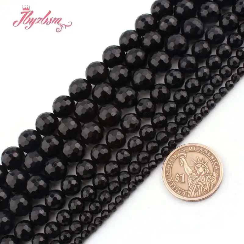Круглые граненые черные турмалиновые бусины из натурального камня