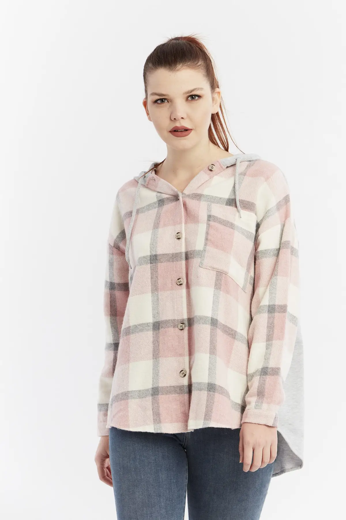 

Women's Pink Hooded Plaid Shirt Cty-abr-2160