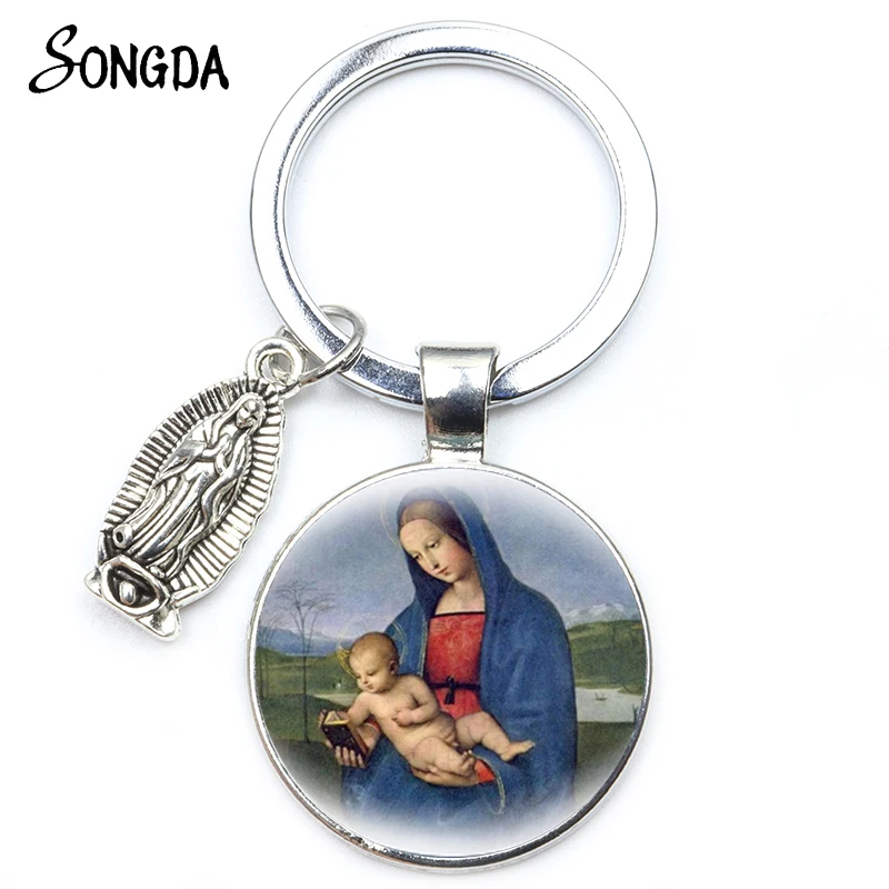 

Blessed Virgin Mary Keychains Holder Mother and Baby Jesus Keyrings Glass Dome Statement Christian Jewelry virgen de guadalupe