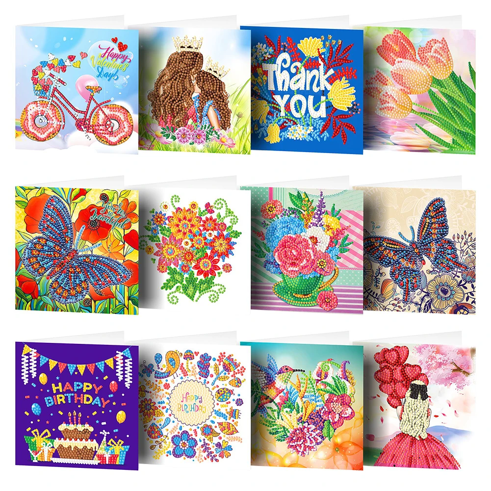 

12pcs DIY Diamond Painting Greeting Cards Special-shaped Partial Drill Mosaic Thanks Birthday Postcards with Envelope