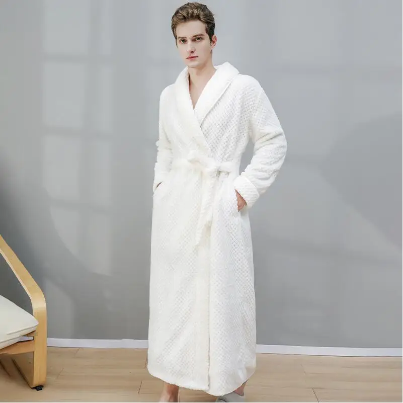 Men Women Winter Bathrobe Comfortable long Kimono Bath Robe  couple Home pajamas coral fleece V-neck Sleepwear
