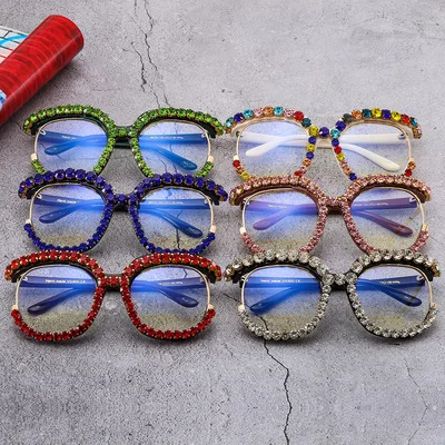 

Europe and the United States trend half frame diamond flat mirror new hand drill big frame round fashion glasses
