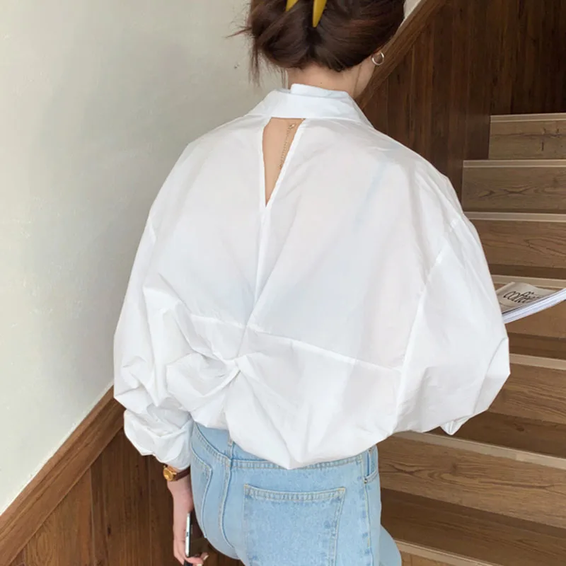 

Women's Spring Autumn Blouse Korean Open Back Pleated Lapel Single-breasted Top New Slim Loose Long-sleeved Female Tops LL389