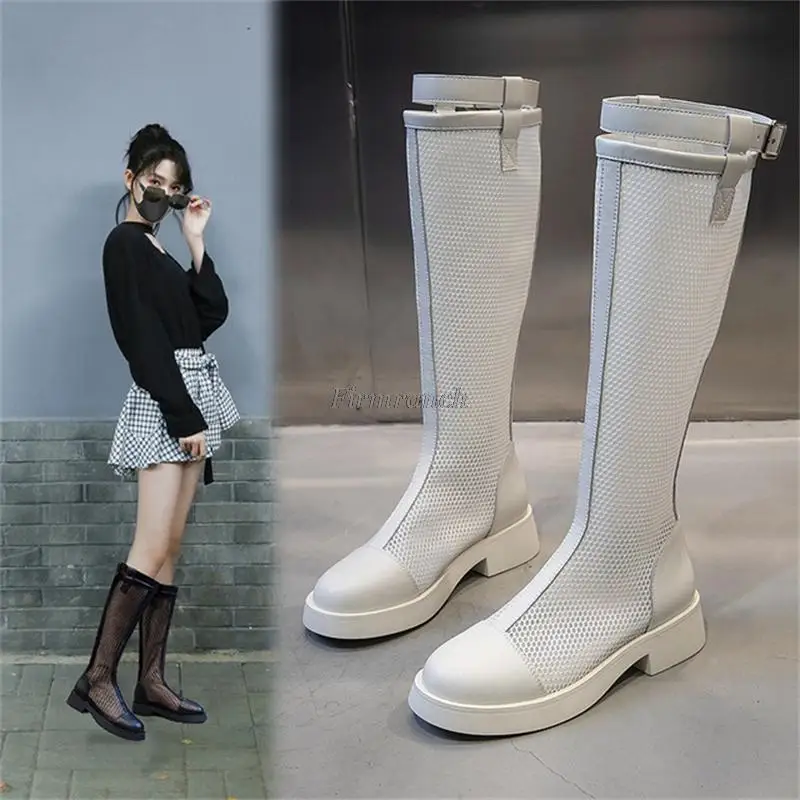 

Women's boots 2021 summer new leather long boots breathable casual thick-heeled high-tube net boots through net knight boots