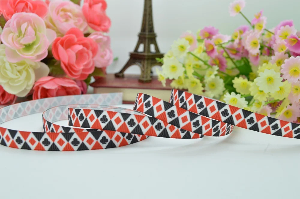 3/8&quot 9mm playing cards black red lattice Printed grosgrain ribbon hai rbow DIY handmade wholesale OEM 50YD |