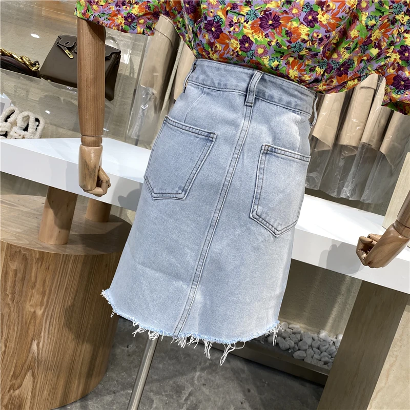 

Side Buckle High Waist Slimming Skirt for Women Irregular Raw Hem Denim Skirt 2021 New Female Casual Split Hip Skirt