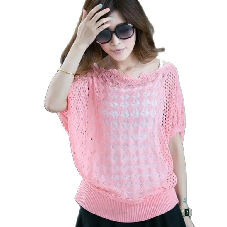 Кофта женская вязаная с круглым вырезом рукавами летучая мышь на весну и лето