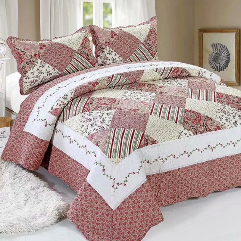 Plaid 100% Cotton Quilt Bedspread Set 3pcs Patchwork Pillowcases Quilted Linen Blanket Sheet Cubrecam Bed Cover Colcha Coverlet