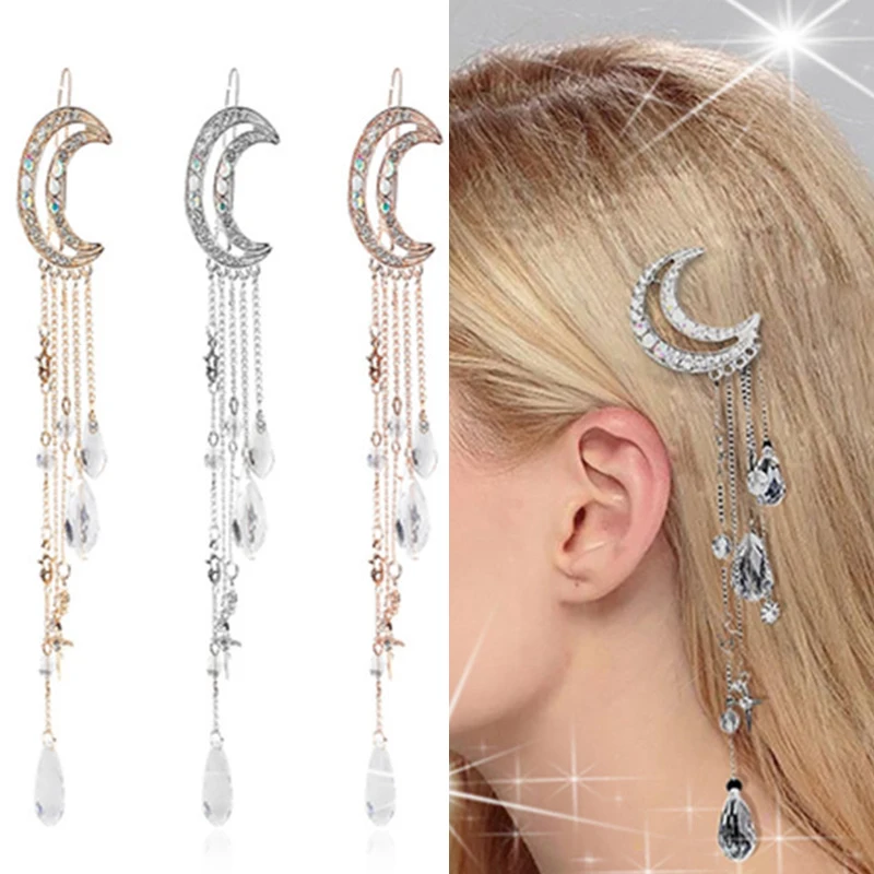 

Women European And American Fashion jewelry Hair Clip Bride wedding Hair Accessory Moon Tassel Crystal Crescents Tassel Hairpin