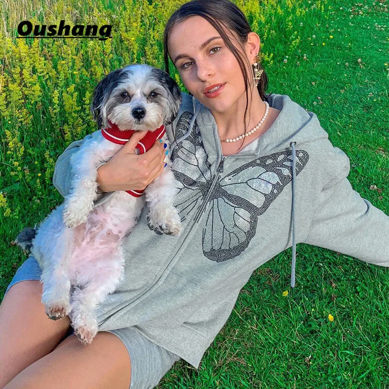 

Oushang Butterfly Pattern Zipper Up Casual Loose 90s Hoodies Autumn y2k Fashion Long Sleeve Grey Oversize Sweatshirts For Women