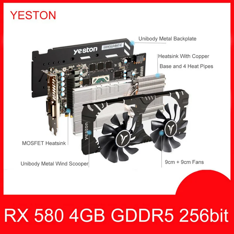 Yeston Radeon видеокарта RX 580 GPU 8 ГБ GDDR5 256bit игровой настольный компьютер ПК видео Поддержка DVI-D/HDMI PCI-E X16 3,0