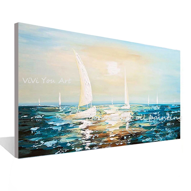 

High Quality handmade Abstract Textured Paintings on Canvas Boat Ocean Seascape picture Hand Painted Wall Seascape Oil Painting