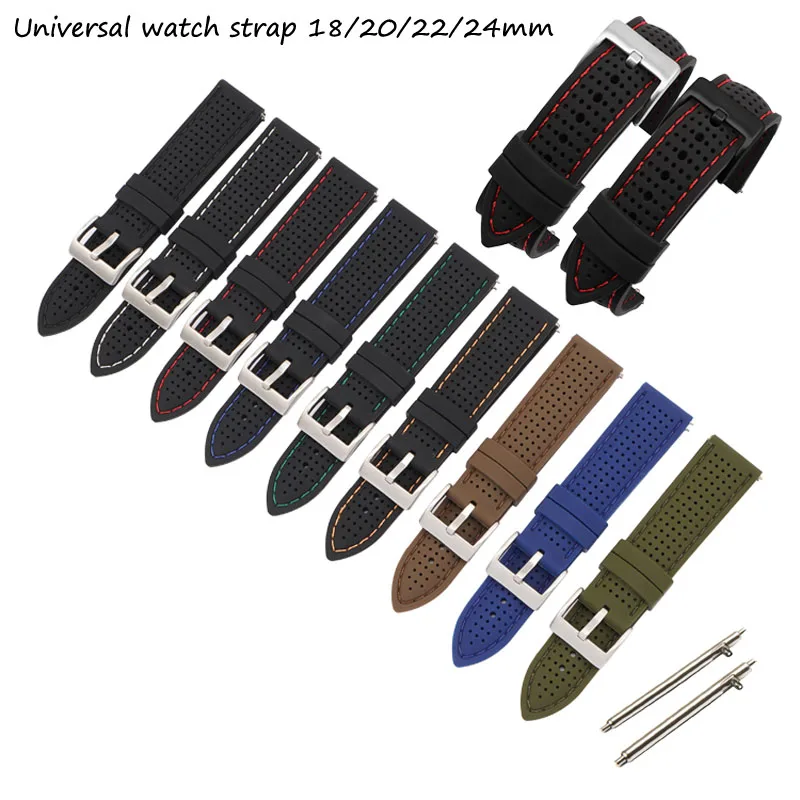 

18mm 20mm 22mm 24mm Silicone Watch Band w Holes Breathable Rubber Replacement Watch Strap Quick Release Pins Wristband Bracelet