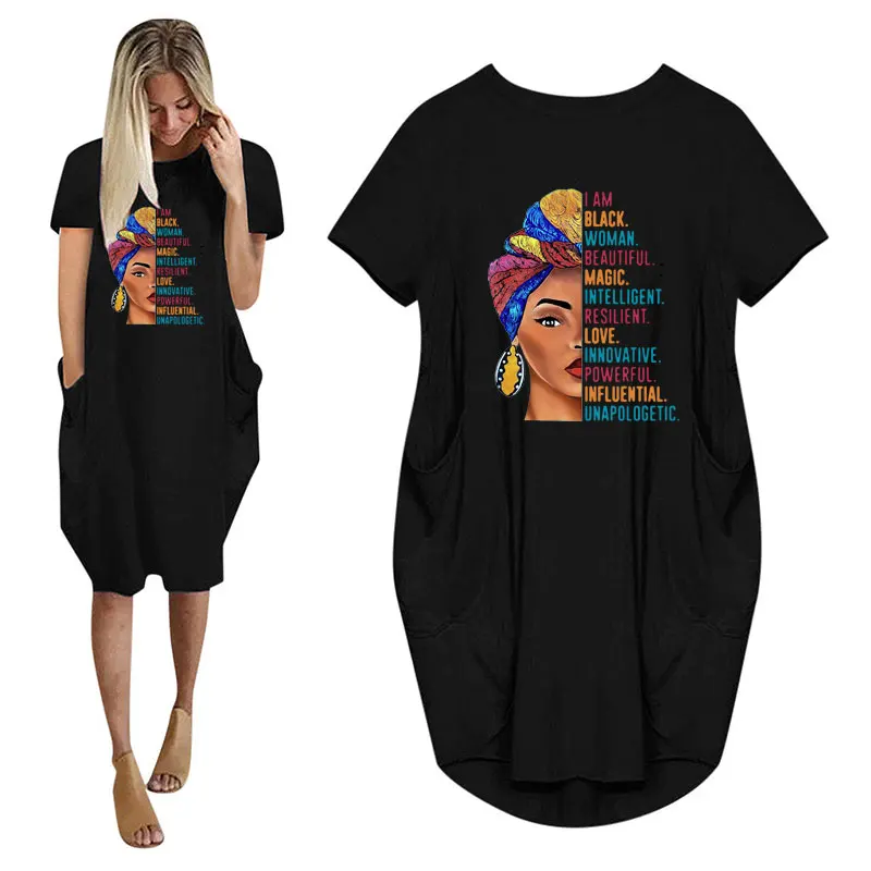 

African Fashion I Am Black Woman Beatiful Letters Print Women Summer Dress With Pocket Ladies O Neck Tops Female T Shirt Dress