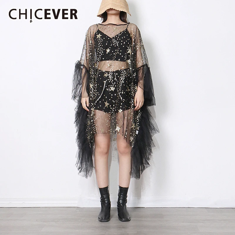 

CHICEVER свободное лоскутное платье со звездами и блестками для женщин с круглым вырезом и длинным рукавом, повседневные сетчатые платья, женск...
