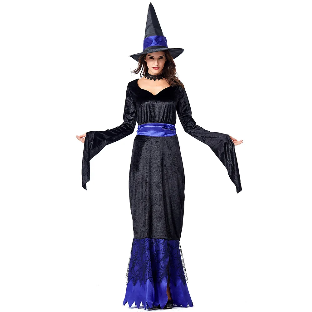 

Женский гламурный длинный костюм ведьмы, сине-черный маскарадный костюм для Хэллоуина, карнавала, Пурим, вечеринки, костюмы для косплея