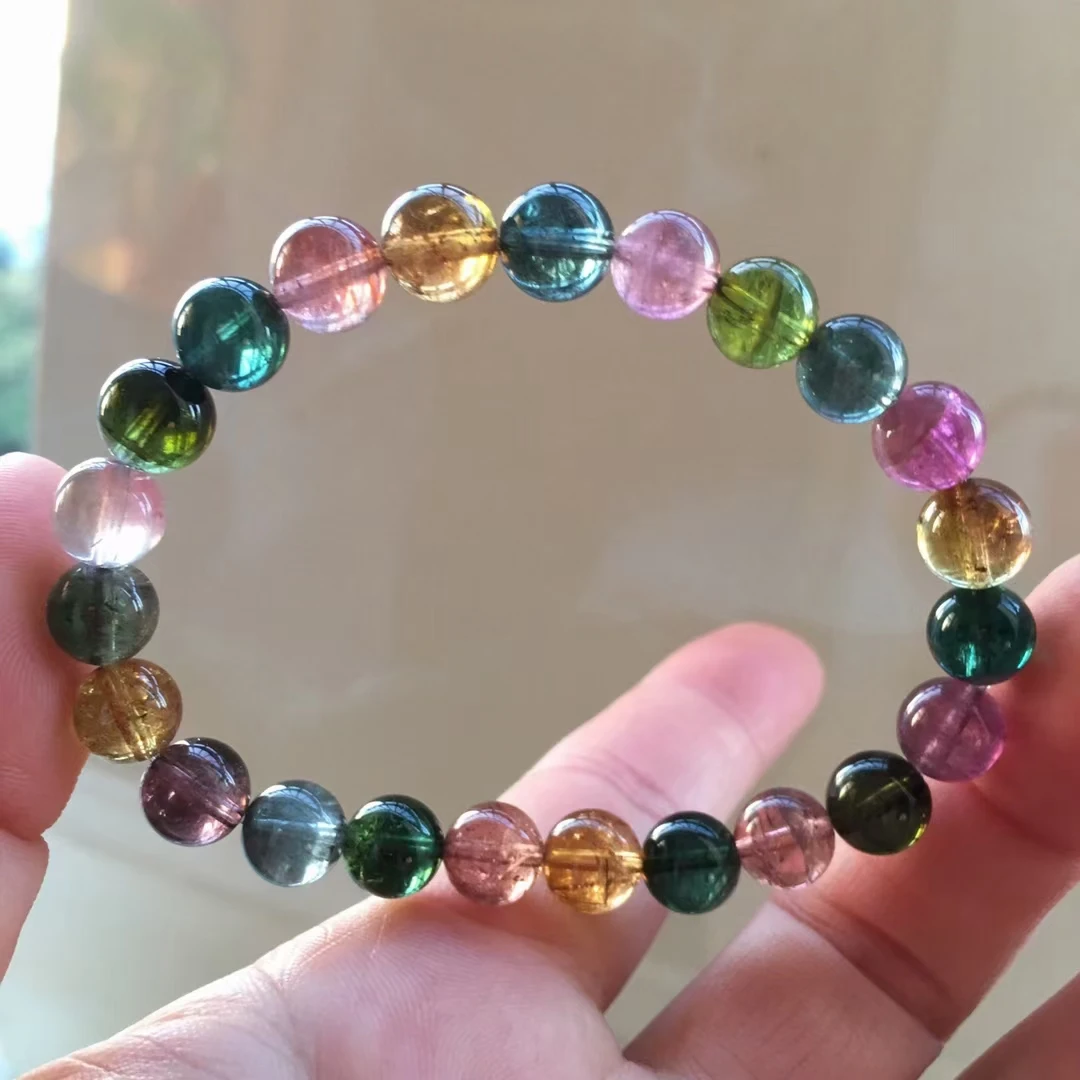 

Genuine Natural Colorful Tourmaline Bracelet 8mm Clear Round Beads Women Men Crystal Jewelry Tourmaline Genuine AAAAAA