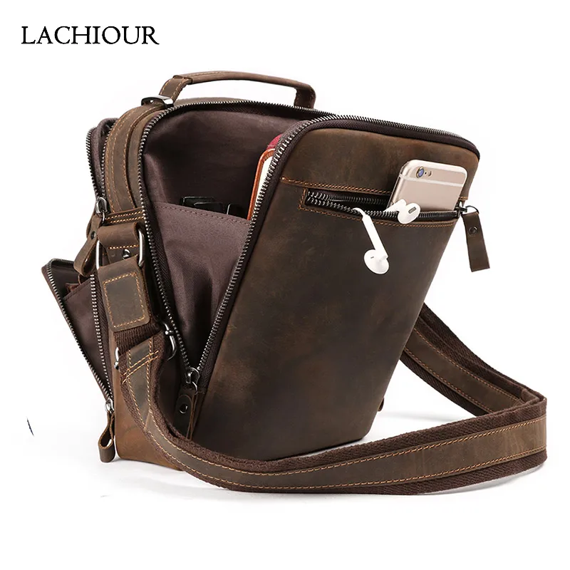 Fashion 2020  Crazy Horse Leather Messenger Bags Men Genuine Leather Handbag Male Business Travel CrossBody Shoulder Bag