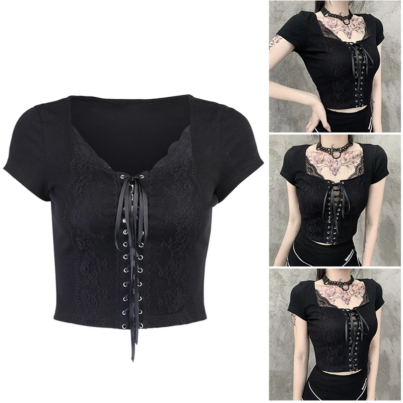 

Женская кружевная простроченная укороченная футболка, черный сексуальный топ для похудения на лето 2021, новый модный стиль TT @ 88