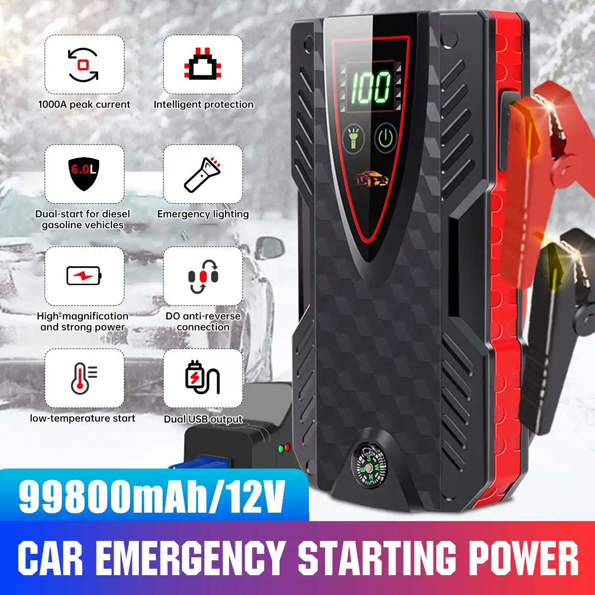 

2022 Новинка 12 В 99800 мАч автомобильное пусковое устройство аккумулятор внешний аккумулятор Jumpstarter автомобильный пусковой бустер аварийный бу...