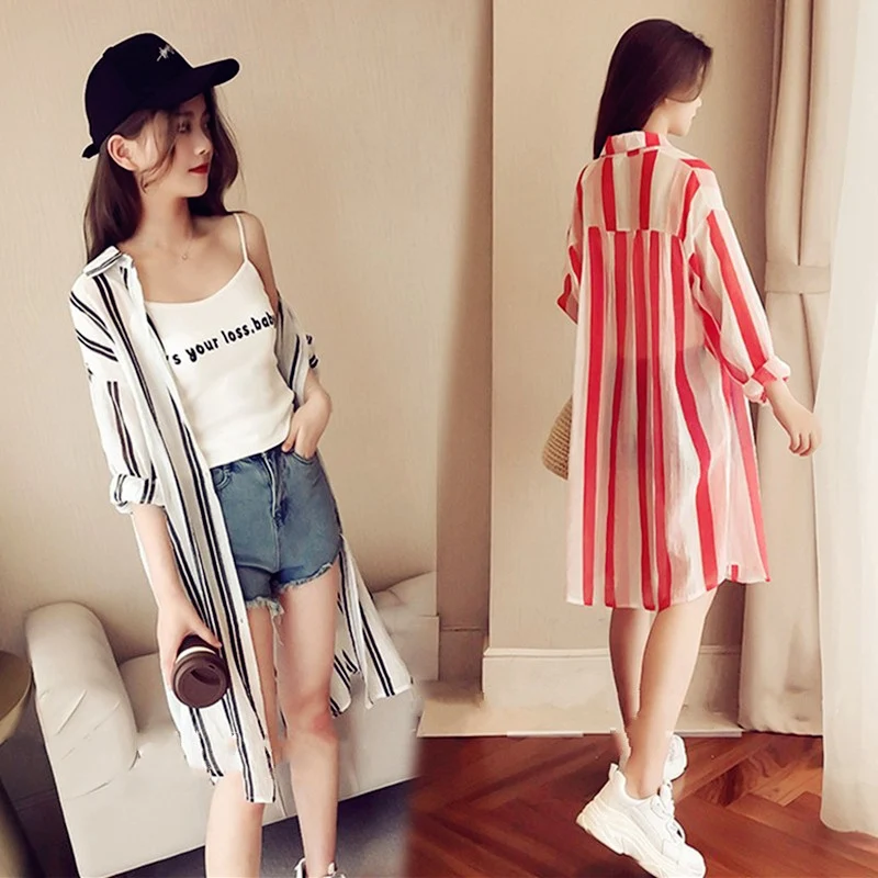 

Striped Kimono Blouse Cardigan Long Sleeve Spring Summer Cardigan Thin Loose Boho Beach Black Red Mid-Long Shirt Women Y233