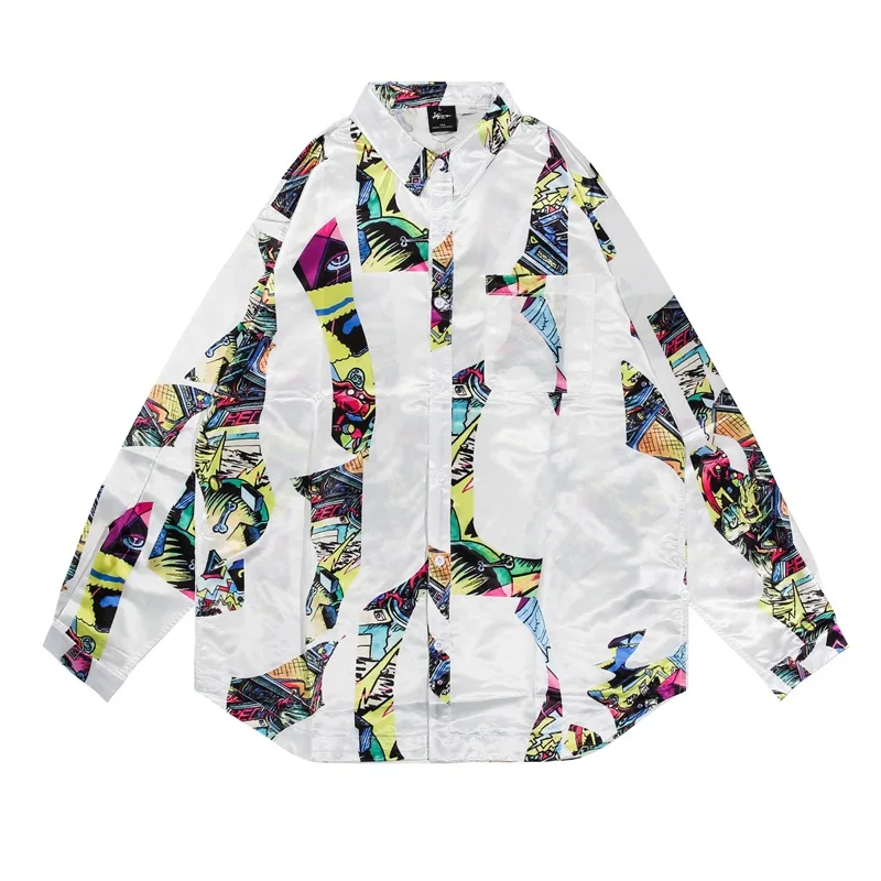

Spring new fashion brand loose fitting shirt men's long sleeve youth silk bright face Floral Shirt