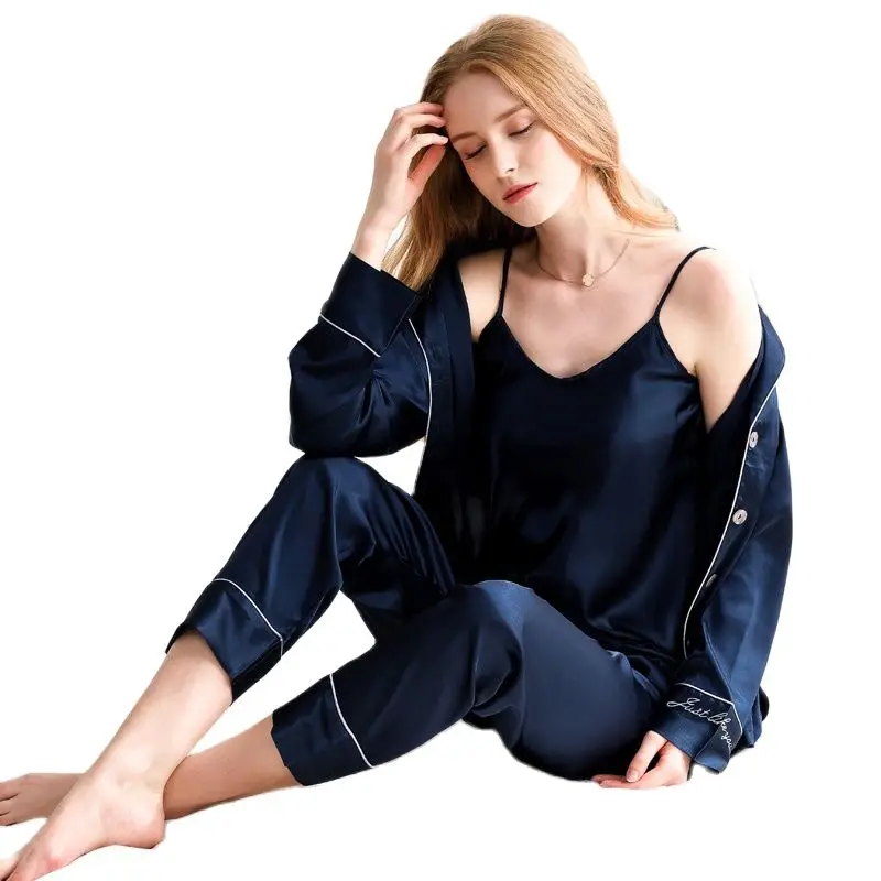 Пижама атласная Шелковая пижама для женщин из трех предметов с длинными рукавами