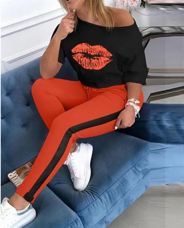 

New lip print T-shirt ladies trousers color matching sports leisure suit