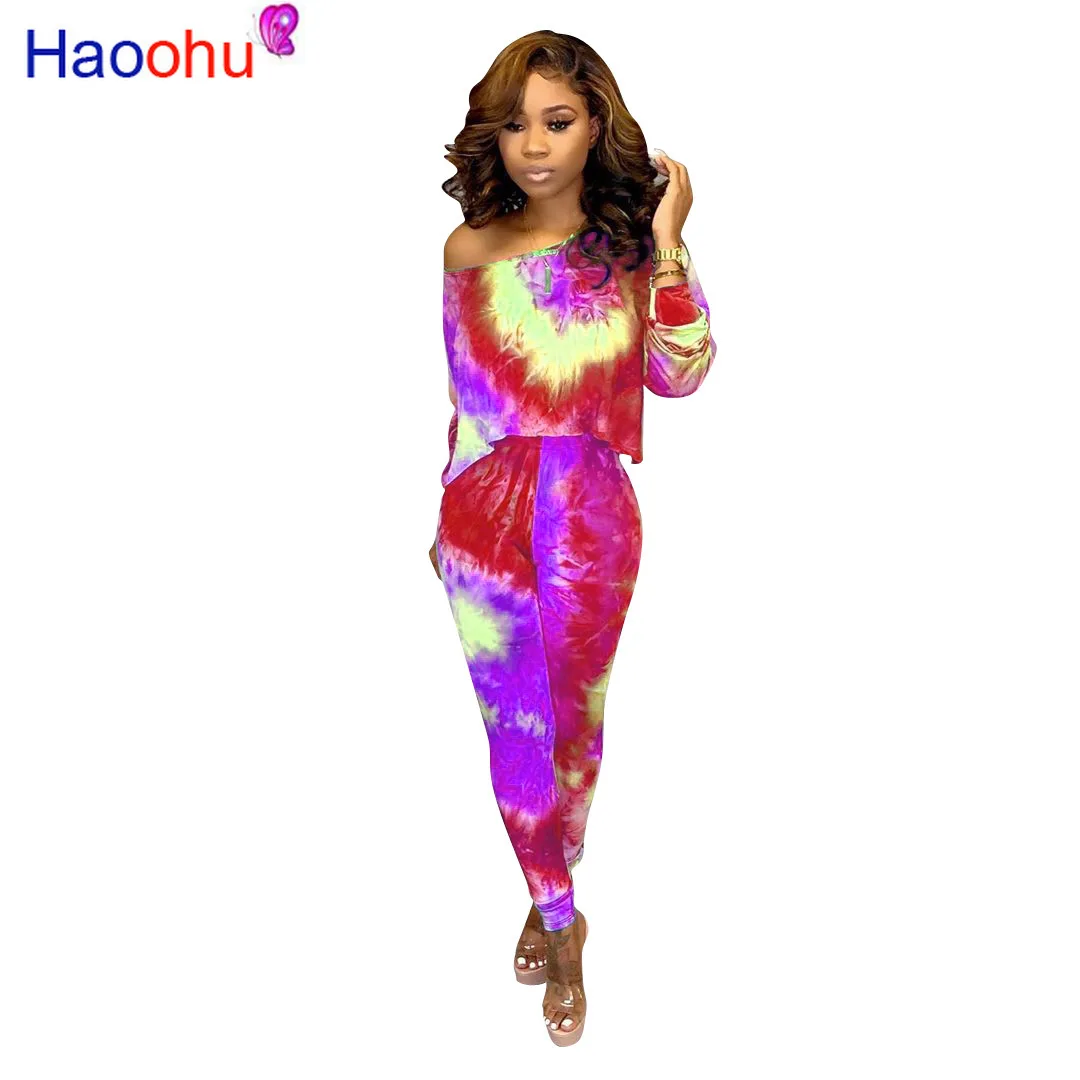 

HAOOHU Tie Dye 2 Piece Set One Shoulder T-shirt Top+Pants Set Casual Women Tracksuit Streetwear Matching Sets Festival Clothing