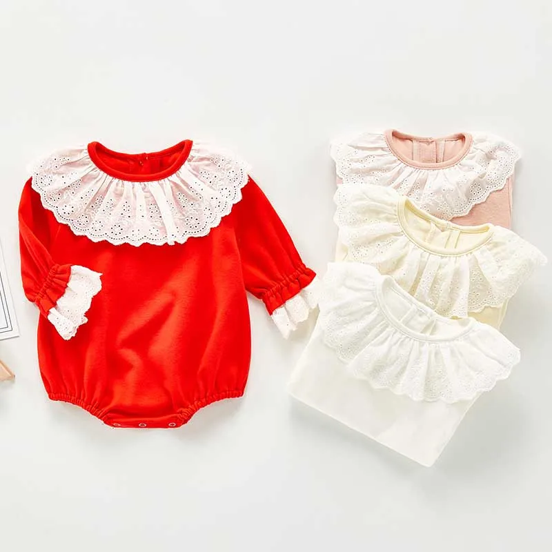 Осеннее боди для маленьких девочек с длинным рукавом и кукольным воротником