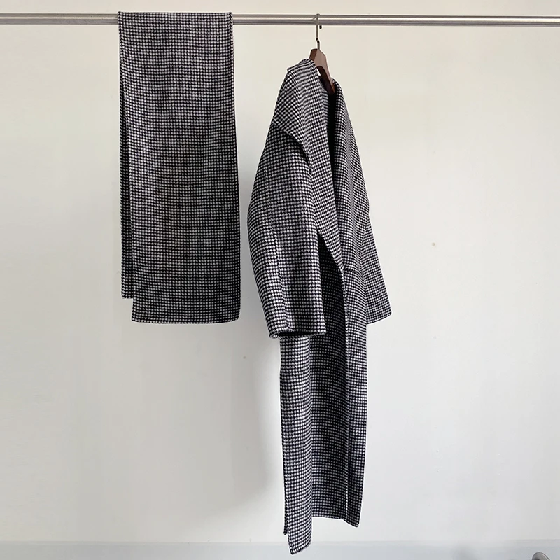 

New Ins Fahion Grey Plaid Wool Trench Women's Mid-length Coat Loose Autumn Winter Long Jacket