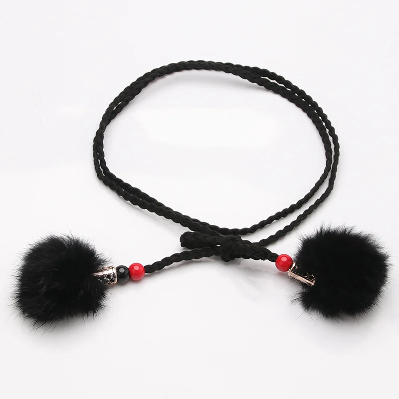 

New Ladies Fshion Thin Belt Waist Chain Plush Ball Tassel Pendant Belt Sweet Dress Decorative Belts