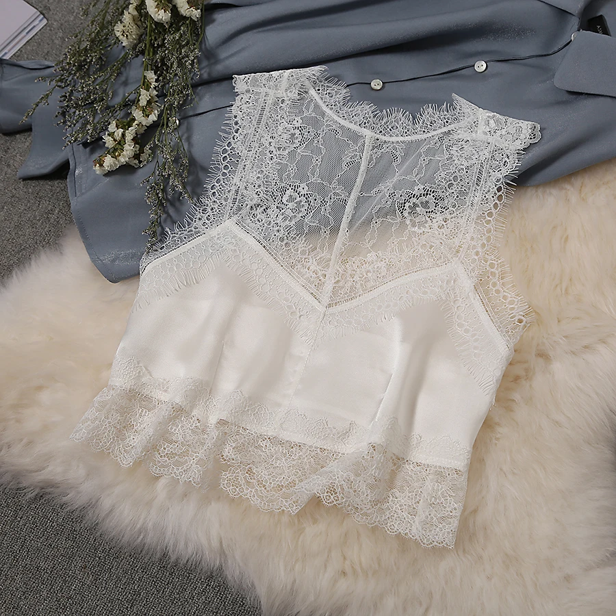 19mm satin lace decorate V-neck  backless sexy lady silk camisole short female summer high-waist navel black white vest  top