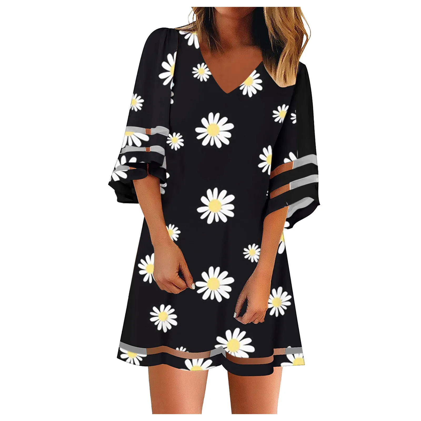 

Sunflower Print Boho Dresses Women Plus Size Mesh Patchwork Dress 3/4 Bell Sleeve A-line Summer Dress Robe Longue Femme