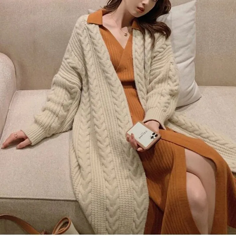 

Elegant Knit Cardigan Women Autumn Winter Office Lady Loose Knitwear Outerwear Medium Long Female Coats Sweater Thicken Warm
