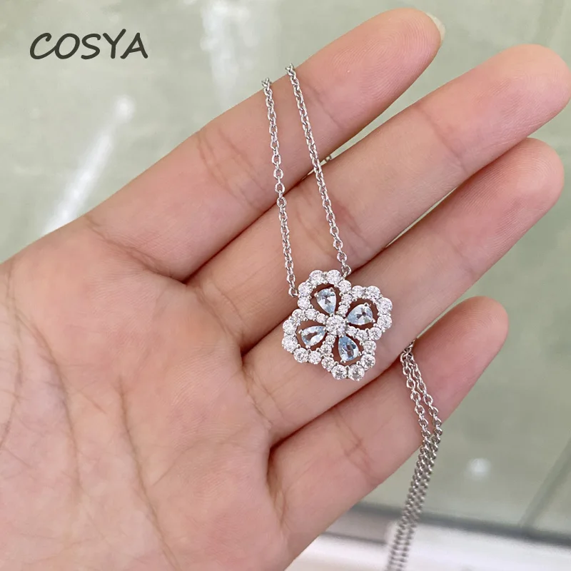 

COSYA 100% Стерлинговое Серебро 925 пробы, инкрустация аквамарином, циркон, модное блестящее японское ожерелье Корейская Подвеска для женщин, сви...