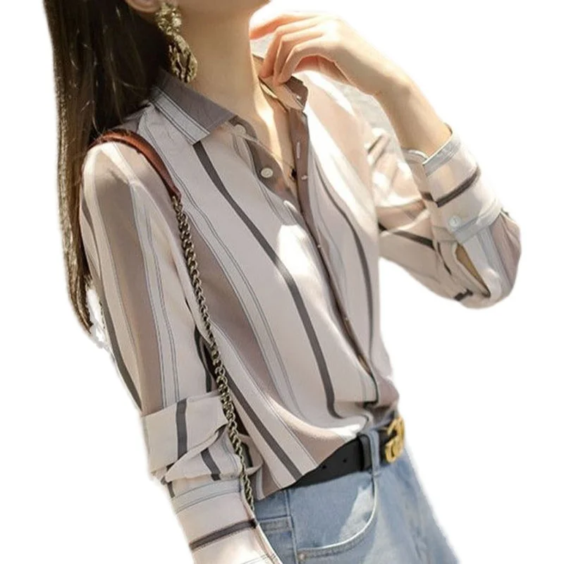 

Houthion New Long-sleeved Blouse Stripe Casual Fashion Tops Summer Plus Size Silk Dropshipping Polo Shirt