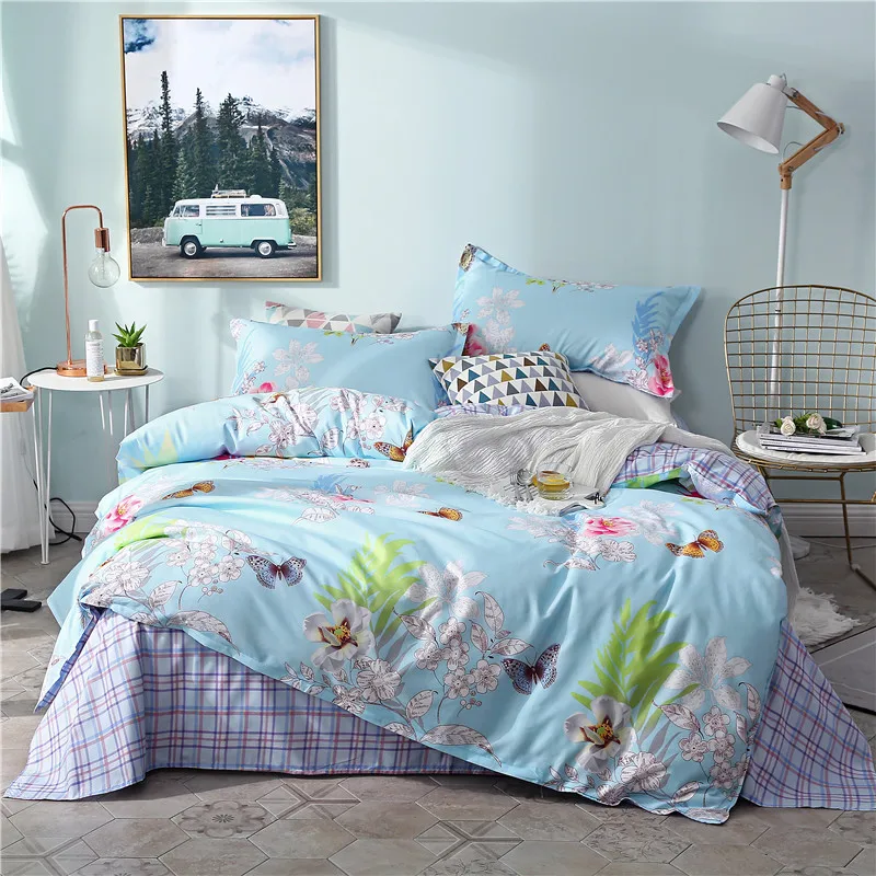 

Blue Version Bushes and Butterflies Set Grid Duvet Cover Set Pillowcase Home Textiles 2/3pcs Bed Linen King Queen Size Dropship