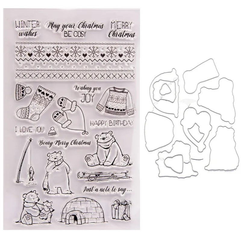 

Cutting Dies With Clear Stamp Of Sweater Bear Snowflake Handbooking Set dIY Scrapbooking Paper Embossing Stencil Painting Seal