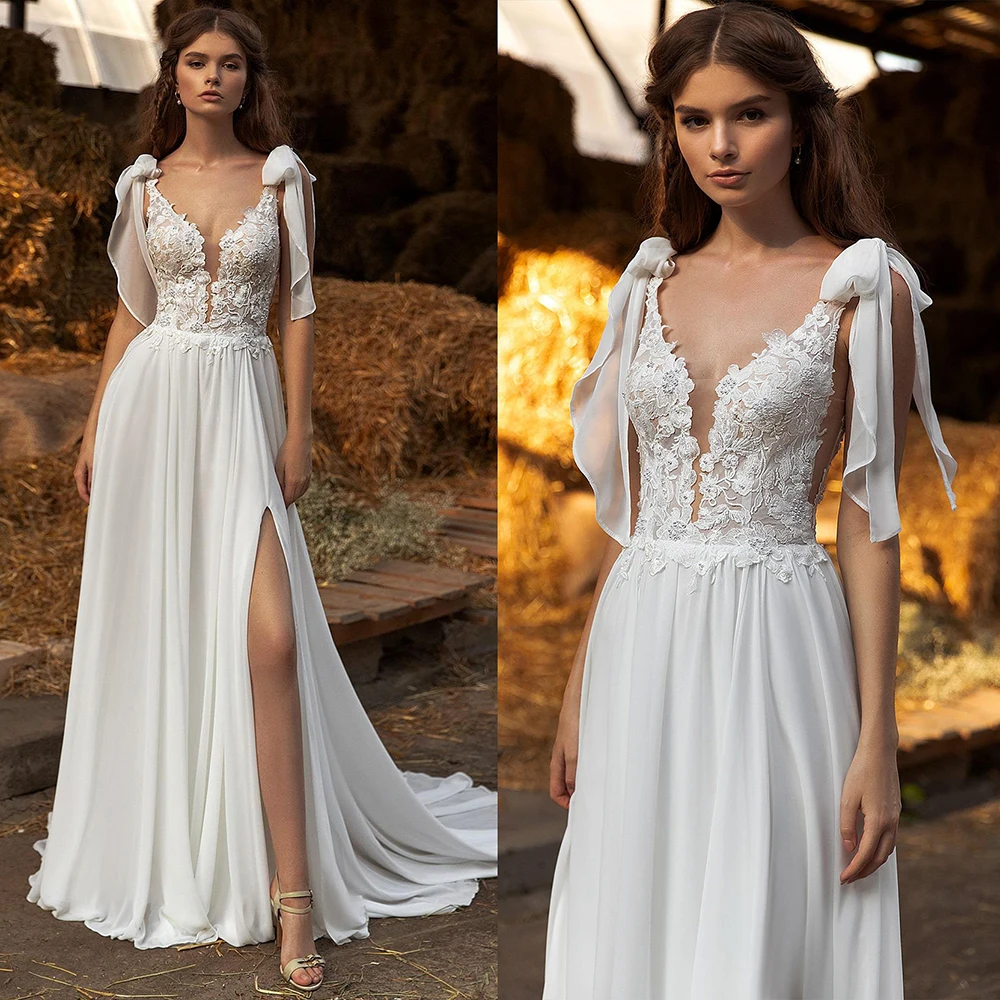 

High Split Chiffon A Line Wedding Dress V-Neck Long Sleeves Drop Ship Beading Embroidery Appliques Open Back Boho Bridal Gowns
